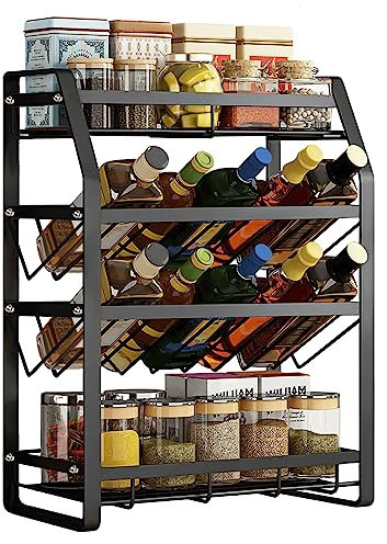 LILIIN Gewürzregal, Küche Gewürzhalter mit 4 Etagen Metall Regal, 45 Grad geneigtes vom Küchenregal Etagenregal, Küchen Organizer für Gewürzflaschen Gläser Ölflaschen Speisekammer, Schawarz(Tye A)