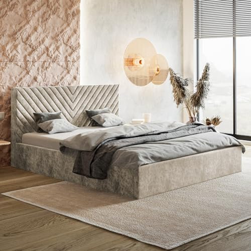 MOTIVENA Wenus Polsterbett 120x200 Beige, Polsterbett 120x200 Samt, Polsterbett 120x200 mit Bettkasten, Polsterbett 120x200 mit Stauraum, mit Lattenrost, mit Kopfteil, ohne Matratze, Beige