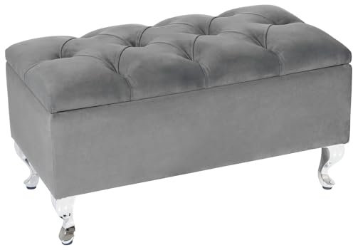 LORDLY Sitzbank mit Stauraum Verona CR 81x42cm - Grau Velourstof, Sitztruhe, Aufbewahrungsbox, Polsterbank mit Samtbezug für Wohnzimmer, Schlafzimmer, Diele