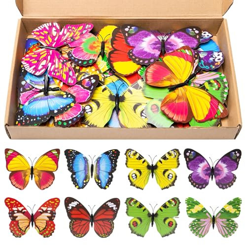Bofanze 40 pcs Schmetterlinge Deko mit Clip, 12CM, 3D Schmetterlinge mit Clip, Kunststoff Schmetterling, Bunt Künstliche Schmetterling für Frühling Blumentopf Dining Table (Rot)