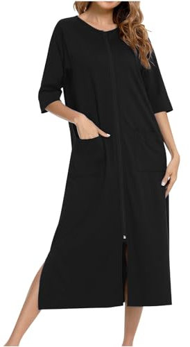 NSICBMNO Black Long Nighties For Women Zip Dressing Gowns Lightweight Bathrobes Summer Pyjamas Short Sleeve Nightdresses Nightgowns Soft Nighties Nightwear Housecoats Nightdresses With Pockets