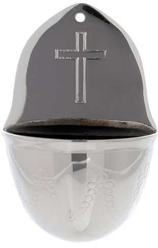 Weihwasserkessel aus vernickeltem Messing mit lateinischem Kreuz, 13 cm