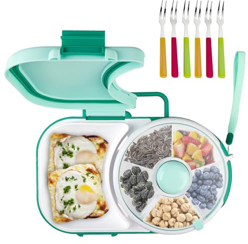 Snack Spinner, Snackbox mit 6 Obstgabel, Snackteller, mit Deckel, Snackteller mit Fächern, Snackbox zum Drehen, Auslaufsicher, Reusable, für Snacks, Süßigkeiten, Outdoor, Familien