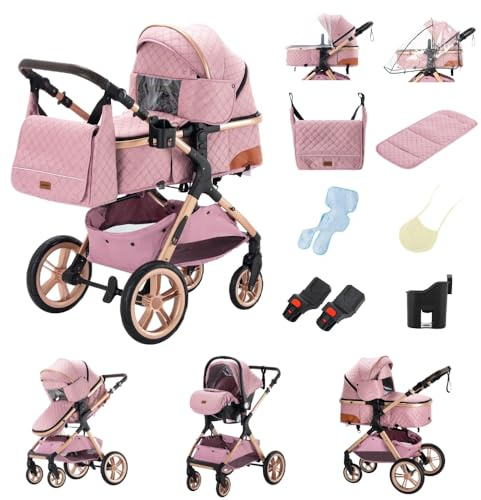 GLOKID Kinderwagen 3 in 1,Reisesysteme, Babywanne,Buggy&Sportsitz,Tragbarer,Voll-Gummireifen,Mit Einem Klick Zusammenklappbarer,Zubehör (GPX1 Rosa)