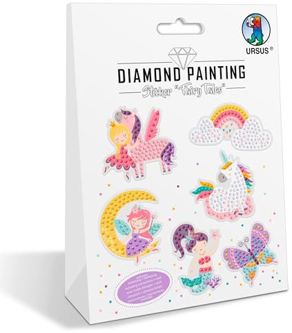 Ursus 43490002 - Diamond Painting Sticker Fairy Tales, Aufkleber mit verschiedenen Designs, Bastelset mit 2 Stickerbogen und passendem Werkzeug, ca. 5 - 9 cm