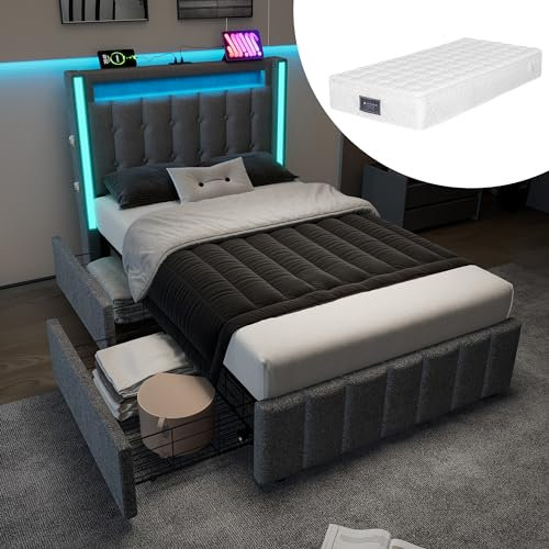 Polsterbett 90x200cm, LED Einzelbett mit USB Typ C Ladefunktion und 2 Schubladen, Jugendbett Stauraumbett Funktionsbett, Bettgestell mit Holz Lattenrost, Leinen, Grau (Grau mit Matratze, 90×200cm)