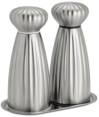 Robert Welch Palm Satin Medium Salt & Pepper Mill Set with Tray. Made from Stainless Steel. 25-Year Guarantee.