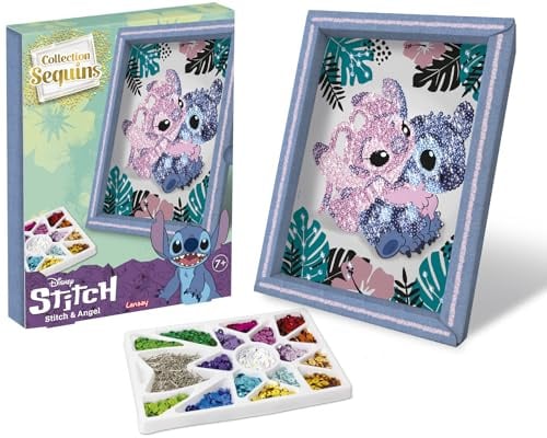 Lansay - Collection Sequins - Stitch & Angel - Creative Kit for Kids Age 7 - Sparkling Sequin Frame for Stand or Hang - Fun Craft and Creative Hobby