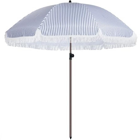 Funsite 2.3M Garden Parasol with Tassels UPF50+, Outdoor Table Tilting Patio Parasol Umbrella with Crank Handle Protective Cover, 8 Sturdy Ribs, for Garden Deck Backyard, Blue and White Stripes