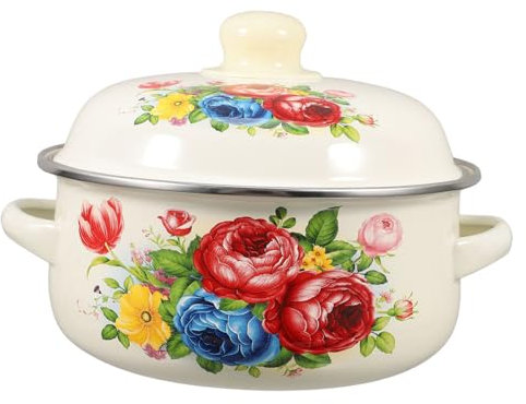 BEBEMOKO Cooking Pot with Lid Enamel Stockpot for Soup Double Boiler Pot Induction Cooker Pot Porcelain Enamel Cookware 1.7l Capacity