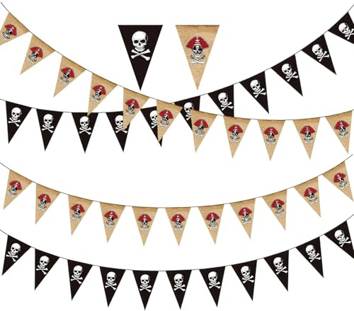 4PCS Pirate Skeleton Bunting Flags Halloween Party Decorations Banner for Adventure Themed Events Festival Celebrations