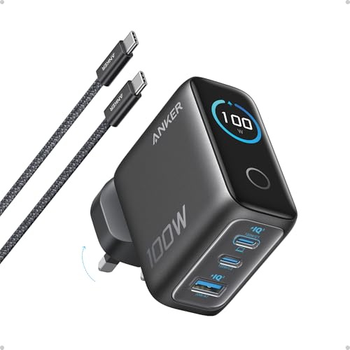 Anker Charger, 100W Max USB C Charger, 3-Port GaN and Ultra-Compact Wall Adapter, Smart Display and Touch Control, For MacBook, iPad, iPhone 17/16/15 Series, and More