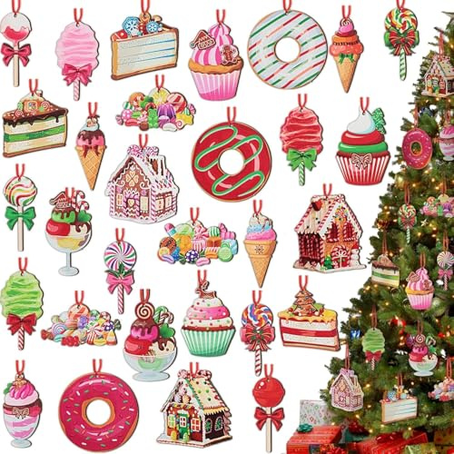 30 Stück Christmas Baubles Round Wooden Ornaments, Hölzerne Süßigkeiten Weihnachtsbaumdekorationen, Weihnachtsbaum Anhänger Holz, Geeignet für die Dekoration von Weihnachtsbäumen zu Hause