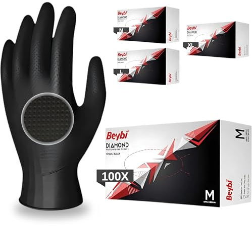 BEYBİ®️ Einweghandschuhe Diamant Grip, 100 St/Box, Schwarz,Orange, Einmalhandschuhe Extra Stark, Nitrilhandschuhe Gr. XL 3x Dicker, Handschuhe Einweg, M,L,XL (Schwarz, L)