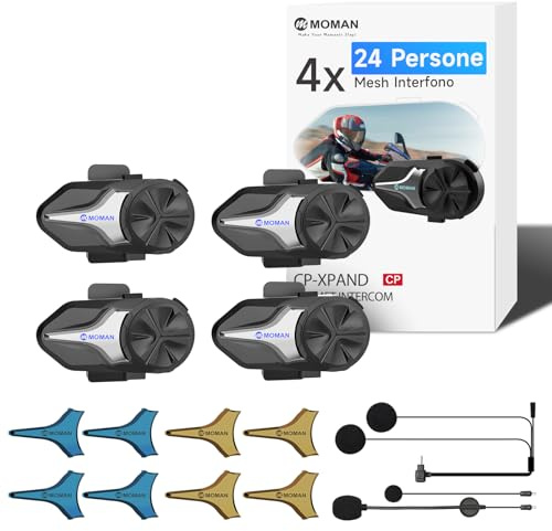 Moman CPX Motorcycle Group Mesh Intercom, 24 Riders Mesh Communication System BT5.4 Helmet Speaker Headset 2000M with Audio Multitasking/Music Share/AI Noise Reduction/Hi-Fi Stereo/Waterproof, 4 Pack