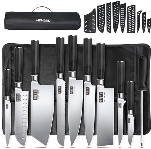 MDHAND Professional Chef Knife Set with Roll Bag, 10 Pieces Kitchen Knife Sets, High Carbon Stainless Steel Kitchen Knife - Black Pakkawood Handle, Dishwasher Safe