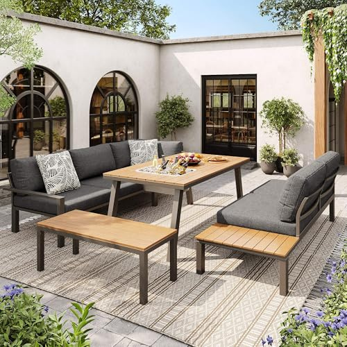 Lahoomu Garten-Lounge-Set für 6-7 Personen, für Garten, Balkon, Terrasse, wetterfeste Sitzgruppe, Essgruppe, Gartenmöbel-Set, Gestell aus verzinktem Eisen, Tischplatte mit Eiskübel