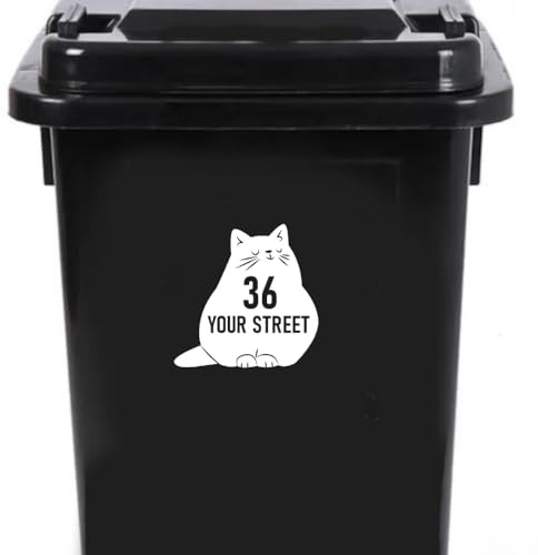4 Pack Chubby Cat Number & Street Name Waterproof Sticker - Easy To Apply - Custom Wheelie Bin/Recycling Box/House/Door Signs (14cm x 14cm (5.5 x 5.5))