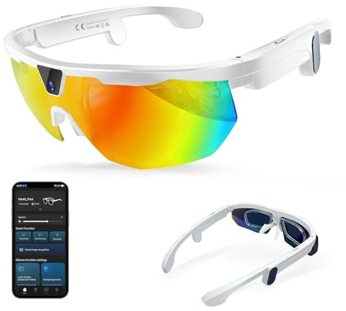 GenXenon Occhiali Smart Con Camera, Registrazione Video 4K, Fotografia, Riconoscimento oggetti AI, Occhiali Da Sole Con Fotocamera Per Sport All’Aperto Come Ciclismo, Sci E Escursionismo (Bianco)