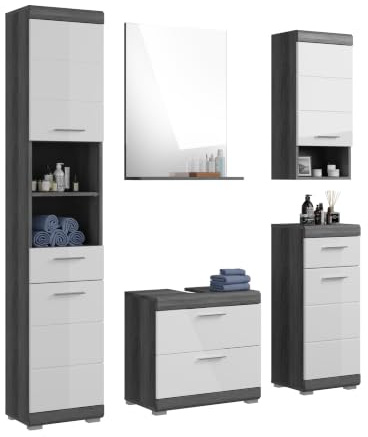 xonox.home – Badkombination 5tlg. Scout in Rauchsilber/weiß Hochglanz | Stilvolles Komplettset fürs Bad – harmonisch, funktional & geradlinig im Design
