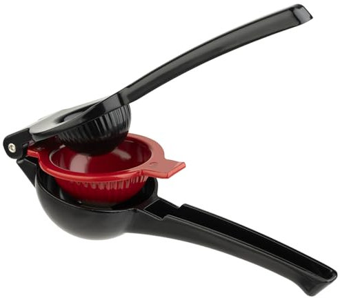 APS 93214 Limetten- und Zitronenpresse, hochwertige Presse aus Aluminium, lebensmittelecht und spülmaschinenfest, 21 cm lang für optimale Druckkraft, Schwarz/Rot