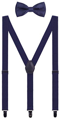 WANYING Herren Hosenträger Fliege Set - 3 Schwarz Clips Y Form 2,5cm Hochelastisch Hosenträger für Körpergröße 150-200cm - Dunkelblau