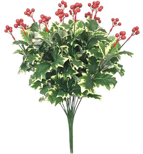 Htmeing Lot de 2 Feuilles de Fleurs artificielles Houx buissons Spray Baies de Noël Maison Décoration de fête White Green-2pcs