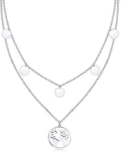 LENIRA® Weltkugel Plättchen Halskette - zarte 5 Coin Welt Kombination für Damen aus Edelstahl mit Gold und Roségold überzogen Kettenlänge verstellbar 40-45 cm (Silber)