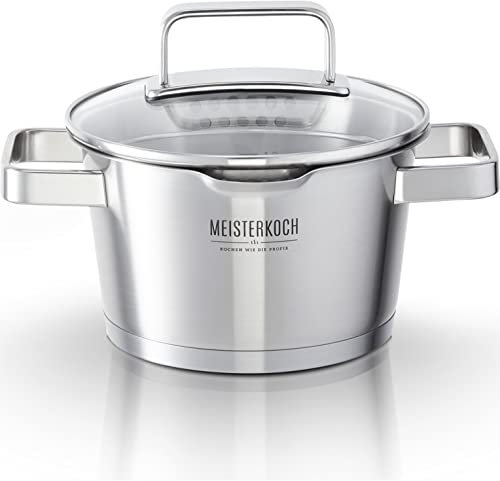 MEISTERKOCH Topf aus gebürstetem Edelstahl 16 cm Ø | mit Ausguss, Innenskalierung und isolierenden Kaltgriffen | 1 Glasdeckel mit feinem und grobem Sieb | Kochgeschirr rostfrei, induktionsgeeignet