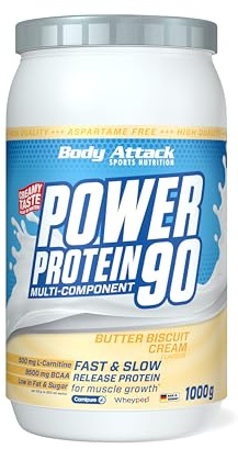Body Attack POWER PROTEIN 90 - Butter Biscuit - 1kg Dose - Mehrkomponenten Protein Pulver, Made in Germany - Mit BCAA, Vitaminen & L-Carnitin - Protein Shake extra cremiger Geschmack, gute Löslichkeit | Mehrkomponenten Protein Pulver, Made in Germany, mit BCAA, Vitaminen & L-Carnitin, Protein Shake extra cremig