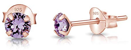 DTPsilver - * MINI * Boucles d'oreilles/Clous en Argent Fin 925 Plaqué Or Rose et Cristaux de Swarovski® Elements Ronds - Diamètre: 4 mm - Couleur: Violet