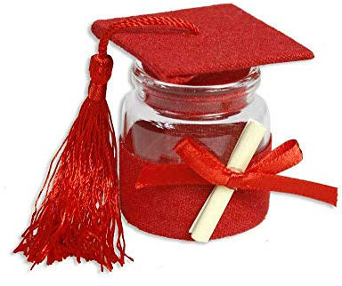 Vetrineinrete® Bomboniere portaconfetti 36 Pezzi per la Laurea Barattolo di Vetro Tappo in Sughero a Forma di Tocco con Pergamena (Rosso)