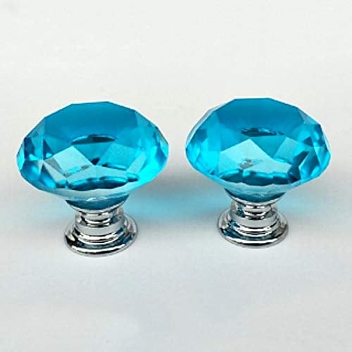 2PCS 40mm Crystal Glass Door Knobs Clear Diamond Pull Handle Aluminium Alloy with Screw for Drawer Cabinet Furniture Kitchen Home Decorating (Lake Blue)