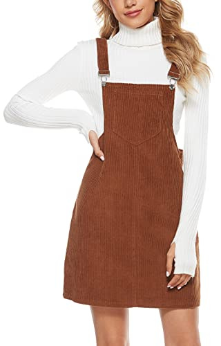 Yeokou Corduroy Overall Dress for Women Black Bib Pinafore Suspender Dress Skirt Jumpsuits (Brown, X-Large-new1)