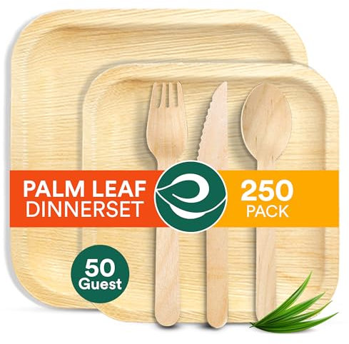 ECO SOUL 100% Compostable Palm Leaf Dinnerware Set of 250 For 50 Guests [10, 6 Square plates, Fork, Knife, Spoon, 50 Count each] | Biodegradable Disposable Utensils for Wedding, Parties, BBQ