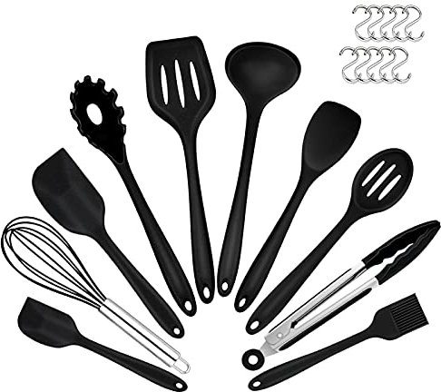 Silicone Kitchen Utensil Set, Homikit 10 Piece Non-Stick Cooking Utensils with 10 Hooks, Heat Resistant Kitchen Tools Include Cooking Spoon Spatula Turner Ideal for Cookware, Dishwasher Safe, Black