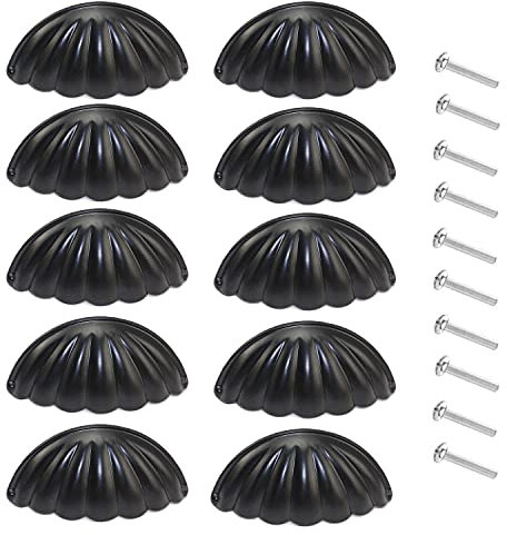 KanDery Vintage Shell Cabinet Knobs, Retro & Chic Carved Drawer Handles, Semicircle Furniture Door Handles, Half Moon Shape, Black