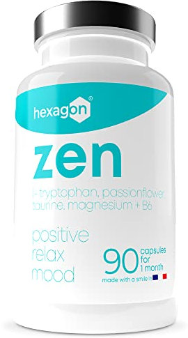 ZEN - Anti-Stress - Magnesium Bisglycinat, Passionsblume, L-Tryptophan, Taurin, Vitamin B6 - Natürliches Anxiolytikum - +1 Monat Kur - 90 Pflanzliche Kapseln - Hexagon