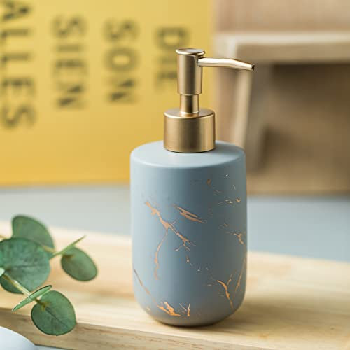 Gold Soap Dispenser with Marbling for Bathroom Ceramics Hand Soap Dispenser with Golden Veins for Shower Decorable Soap Pump Dispenser, 300ML. (Grey)