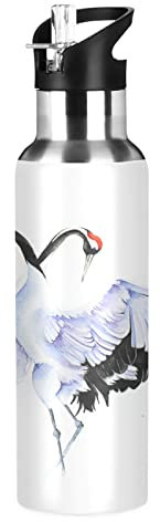 Mnsruu Art Japon Grue Oiseau Animal Isotherme Bouteille d'eau avec Paille, Gourde Sport en Acier Inoxydable 600ML Gourdes sans BPA pour Enfant Garçon Fille École Bureau
