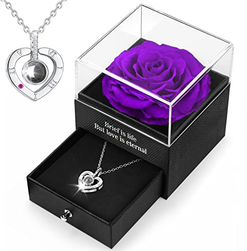 Preserved Real Rose, Gift Box with I Love You Necklace, Handmade Eternal Rose Gifts for Her Women Girlfriend Wife Mother Present for Birthday, Valentine's Day, Anniversary, Mother's Day, Christmas