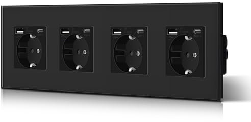 BSEED 4 Set Schuko Wand Steckdose mit USB & Typ C Glas 3 in 1 Unterputz Steckdosen 4 Weg mit 2.1 A USB Ladeleistung und Typ C Adapter Aufladestation Verlängerungssteckdosen 299mm Schwarz