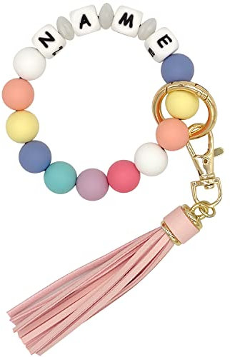 Starsprairie Portachiavi con braccialetto personalizzato Portachiavi con perline in silicone elastico Braccialetto con nappa Portachiavi per auto portatile da casa (Rainbow)