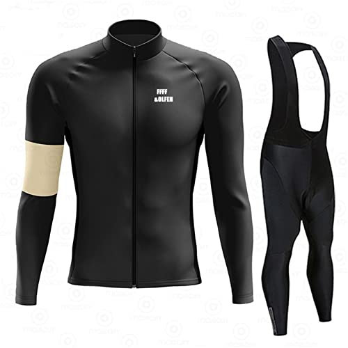 Completo Ciclismo Uomo, Maglia Ciclismo Maniche Lunghe + Pantaloni Ciclismo Lunghi Sapolette Ciclismo Professionale per MTB Ciclista Bici da Corsa Città+Pile autunnali e invernali (Nero,L)
