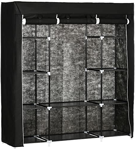 HOMCOM Stoffschrank, Faltschrank mit Reißverschluss aus Vliesstoff, Kleiderschrank mit 1 Kleiderstange und 10 Einlegeböden, Tragbare Garderobe für Schlafzimmer, Schwarz, 150 x 43 x 162,5 cm