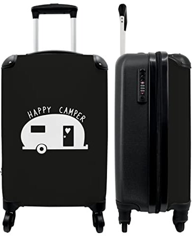 NoBoringSuitcases.com® Koffer Handgepäck Trolley Rollkoffer Kleine Reisekoffer mit 4 Rollen - Wohnwagen - 'Happy Camper' - Schwarz - Weiß - Zitate - 55x35x20cm - Fotokoffer - Kabinenkoffer
