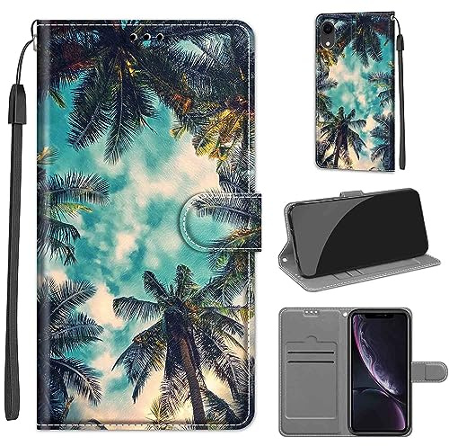TOMYOU Handyhülle für iPhone XR Hülle, Kokosbaum | Standfunktion, Kartenfach, Magnetisch, Stoßfeste Schutzhülle, Flip Leder, Klapphülle