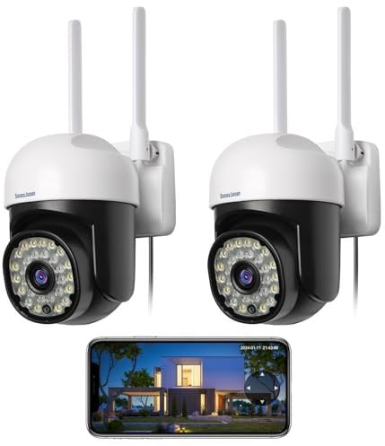 SonoxJunan Outdoor Security Camera, 2.4G / 5G WiFi 360° PTZ Security Cameras Outdoor,Color Night Vision, Motion Detection, 2 Way Audio,IP66, Free Cloud Storage, 2 Cameras