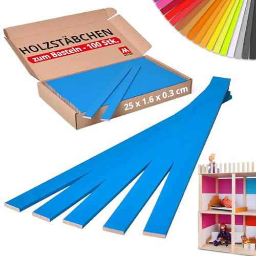 Metrie Holzstäbe zum Basteln - Hellblau | 25 cm - 100 Stück | 250 x 16 x 3 mm | Holzleisten, Holzspatel, Rührstäbchen aus Buchenholz für Modellbau, Deko, Floristik & DIY | Holz | Hergestellt in der EU