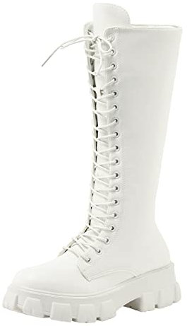 Stivali da donna in stile britannico in pelle tinta unita, con lacci laterali e zeppa, alla moda, con tacco alto alla coscia, bianco, 38.5 EU
